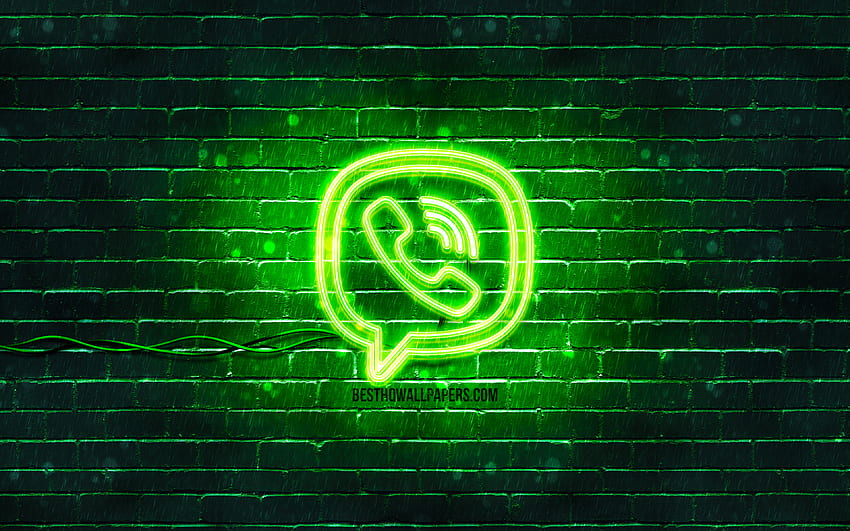 Logotipo verde de Viber, pared de ladrillo verde, logotipo de Viber, redes sociales, logotipo de neón de Viber, Viber para con resolución. Alta calidad, HP Omen Green fondo de pantalla