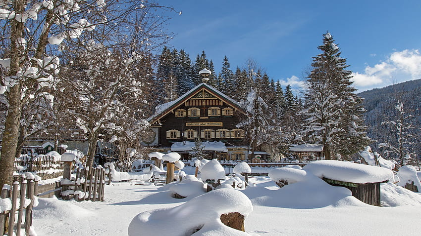 Мечтателна зима във Филцмос, Австрия, дървета, небе, сняг, къща, пейзаж HD тапет