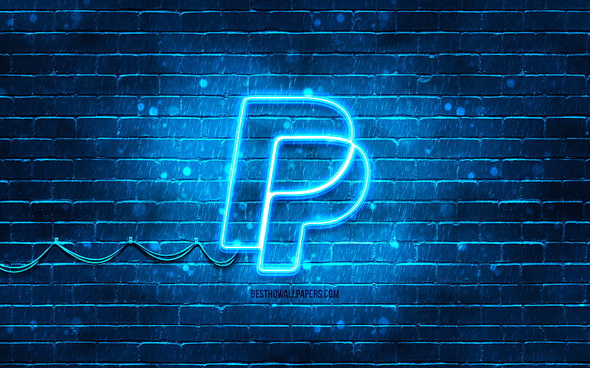 Logotipo azul de PayPal, pared de ladrillo azul, logotipo de PayPal, sistemas de pago, logotipo de neón de PayPal, PayPal fondo de pantalla