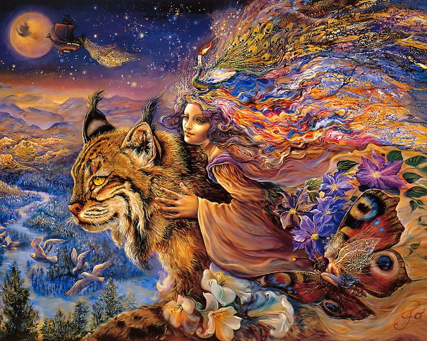 Flight of the Lynx, colorful, ship, birds, starry, abstract, lynx, butterfly, moon, peacock, josephine wall, cat, mountain, woman, fairy, neon, fantasy, sky, princess, forest HD wallpaper