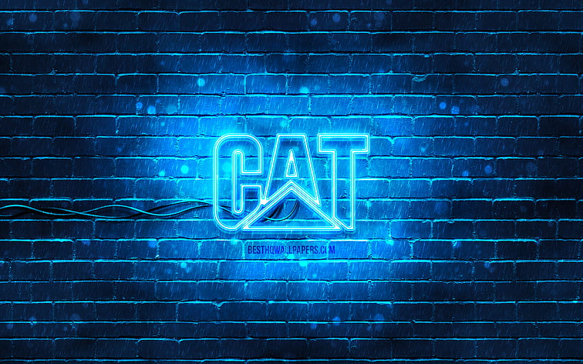 Caterpillar の青いロゴ、CAT、青いブリックウォール、Caterpillar のロゴ、ブランド、Caterpillar のネオンのロゴ、Caterpillar、CAT のロゴ 高画質の壁紙