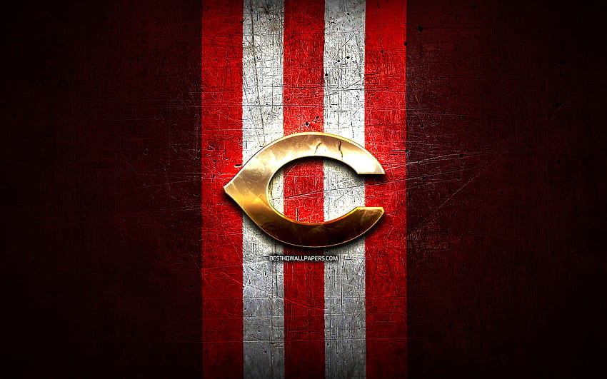 Emblème des Cincinnati Reds, MLB, emblème doré, fond en métal rouge, équipe de baseball américaine, Major League Baseball, baseball, Cincinnati Reds Fond d'écran HD