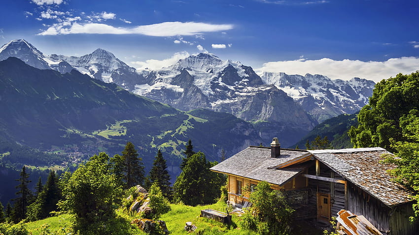 สวิตเซอร์แลนด์, , , , ภูเขา, ท้องฟ้า, บ้าน (แนวนอน) สถานที่สวยงาม ทิวทัศน์ ปลายทางยุโรป European วอลล์เปเปอร์ HD