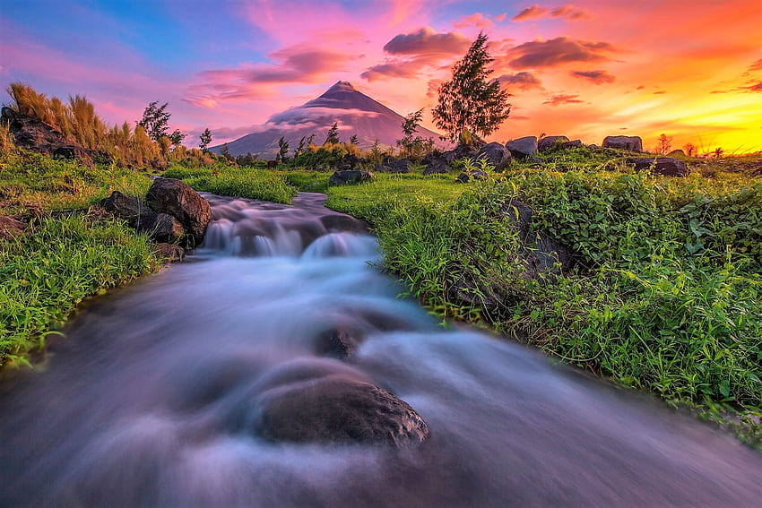 stream in the valley, sky, mountain, valley, stream HD wallpaper