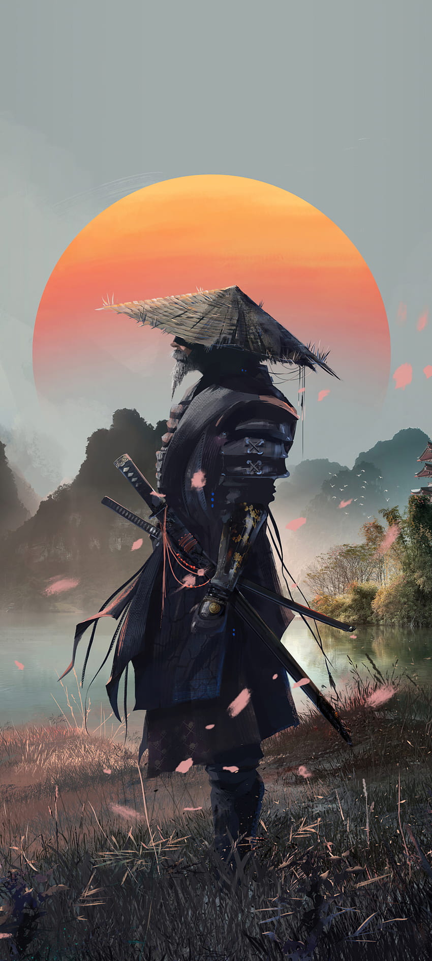 Samurai, cielo, arte fondo de pantalla del teléfono