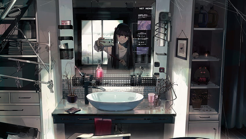 Anime Anime Mädchen Telefon Hemd Langes Haar Rote Augen Badezimmerspiegel - Auflösung: HD-Hintergrundbild
