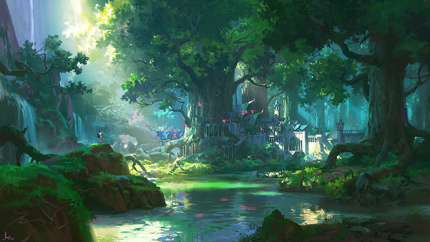 Anime Landscape, Forest, Big Trees, Water, Foliage - Green Anime - - HD wallpaper