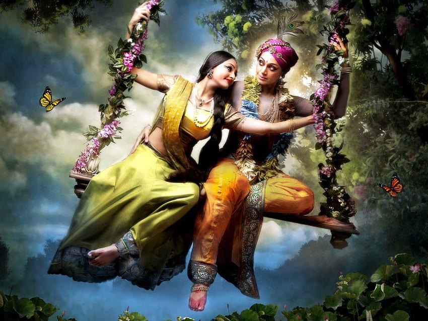 radha krishna on swing for 3, Radha Krishna HD wallpaper