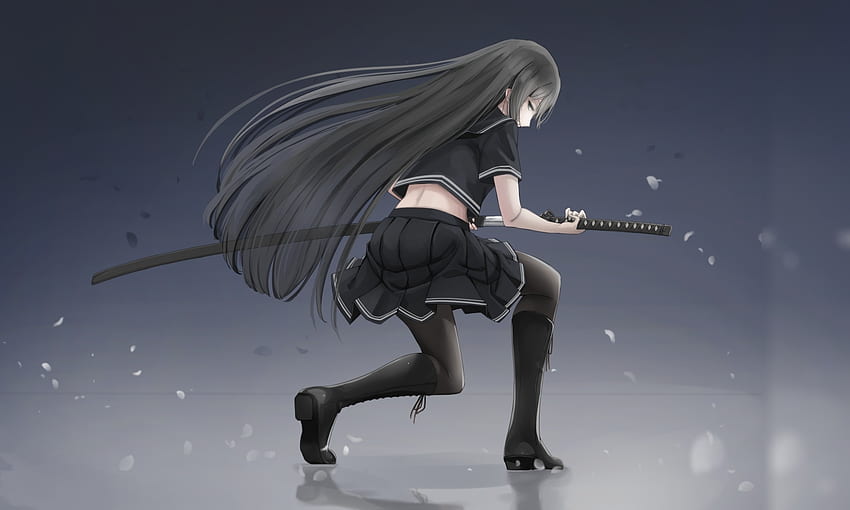 Mundurek szkolny, katana, wojownik, dziewczyna z anime Tapeta HD