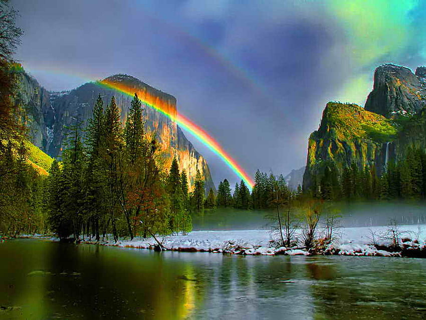 Pure magic, river, magic, peaceful, beautiful, mountain, lake, reflection, rainbow, clouds, nature, sky, calm, pure HD wallpaper