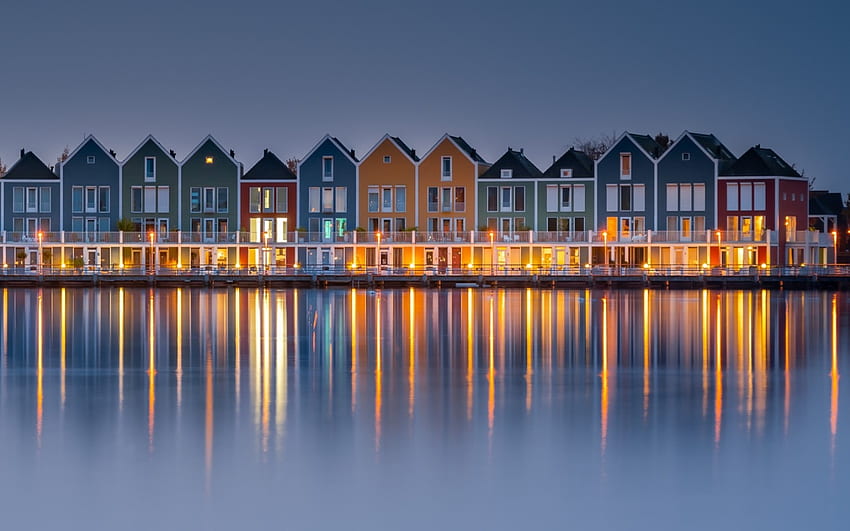 Utrecht, Holland, houses, water, Netherlands, Utrecht, lights, dusk HD wallpaper