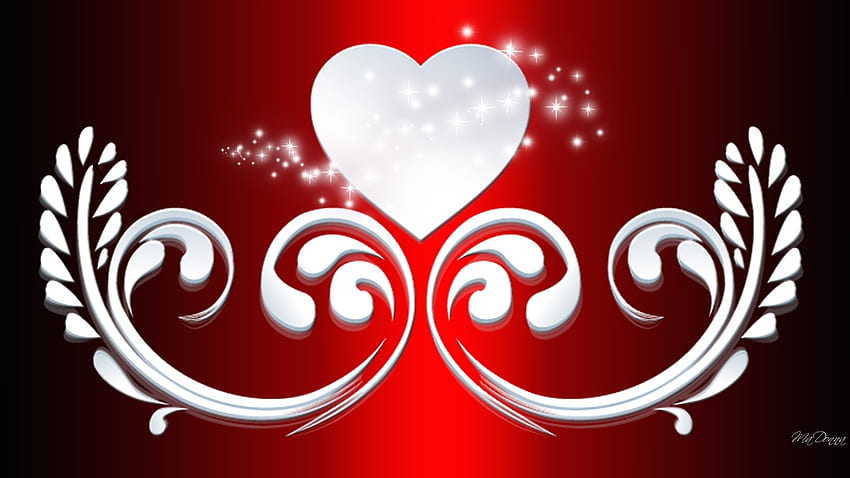 Shiny for Valentine, love, scrolls, hearts, romance, 3D, red and white, stars, February, Valentines Day, sparkle HD wallpaper
