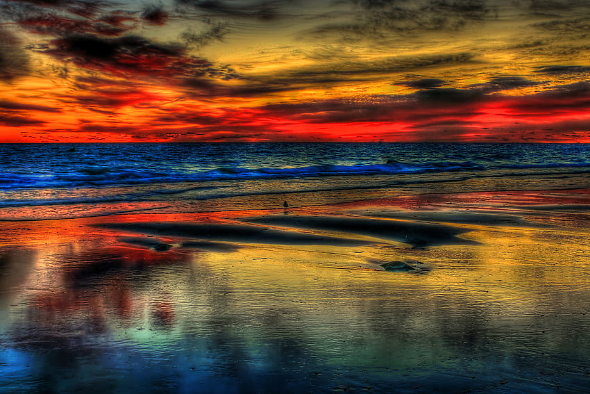 Sunset-R, horizon, biru, bagus, pasir, grafik, warna, matahari terbit, kecantikan, bagus, pantai, pemandangan, refleksi, menakjubkan, air, samudra, matahari terbenam, laut, pemandangan, r, cantik, cantik, merah, keren, awan, alam, langit, romantis, indah Wallpaper HD