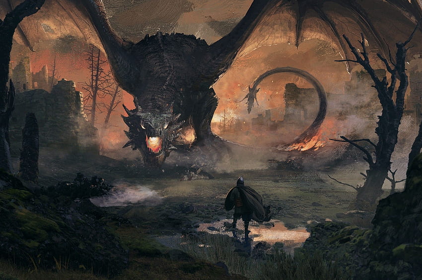 Dragon, Knight, Warrior, Fantasy Creatures, Castle - Epic Knight Vs Dragons HD wallpaper