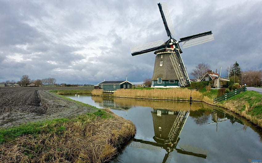 Windmill Reflected in Melnica River, nature, rivers, windmills, reflections HD wallpaper