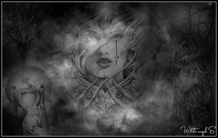 memory, fantasy, black and white, wolf, owl, woman HD wallpaper