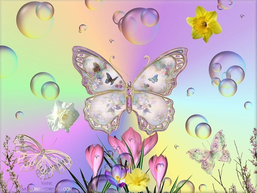 春の蝶の背景、パステル調の春の花 高画質の壁紙