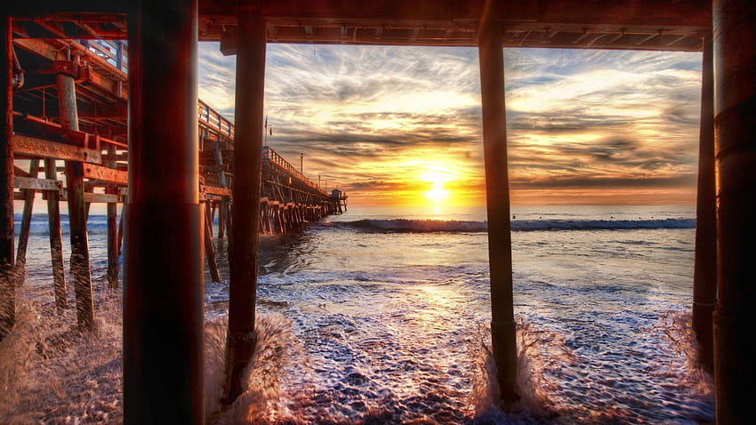 under the boardwalk, by the pier r, sea, pier, r, sunset, beach HD wallpaper