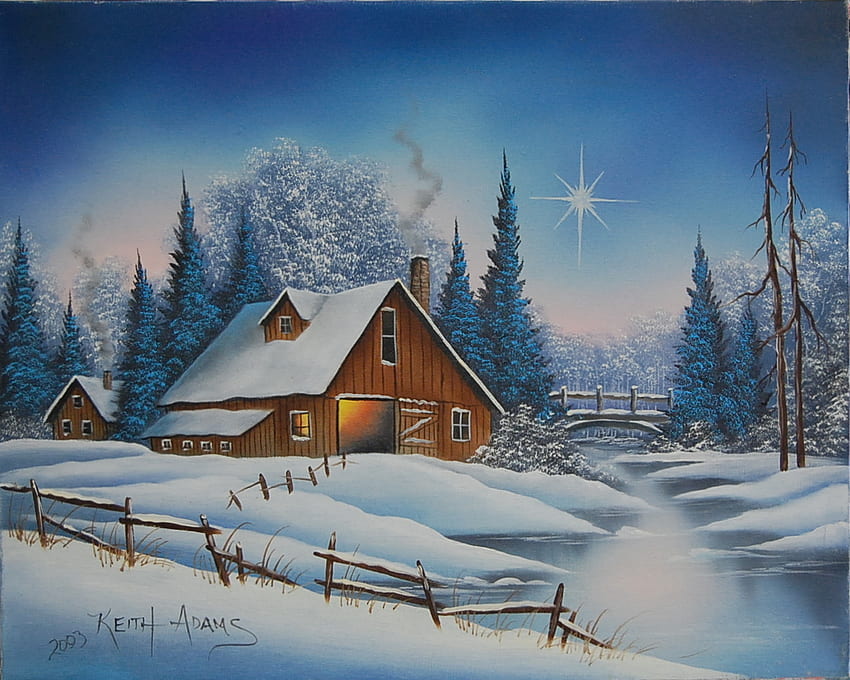 スター ブライト、冬、松、雪、風光明媚な、フェンス、木、納屋、凍った、かなり、寒い、国、キャビン、星、きれい、ライト、橋、空、美しい、夜、小川 高画質の壁紙