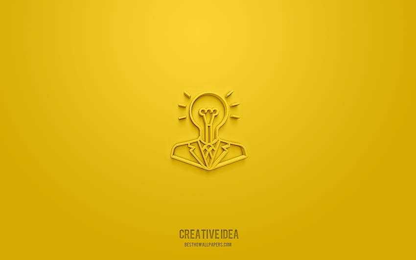 Kreative Idee 3D-Symbol, gelber Hintergrund, 3D-Symbole, kreative Idee, Geschäftssymbole, 3D-Symbole, kreatives Ideenschild, 3D-Symbole für Unternehmen HD-Hintergrundbild