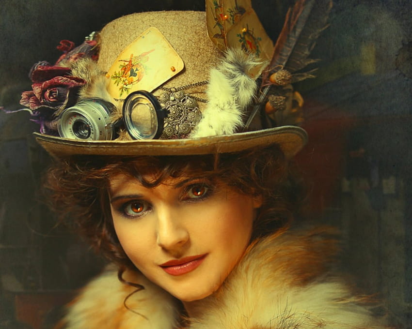 Woman portrait, model, portrait, face, hat, woman HD wallpaper