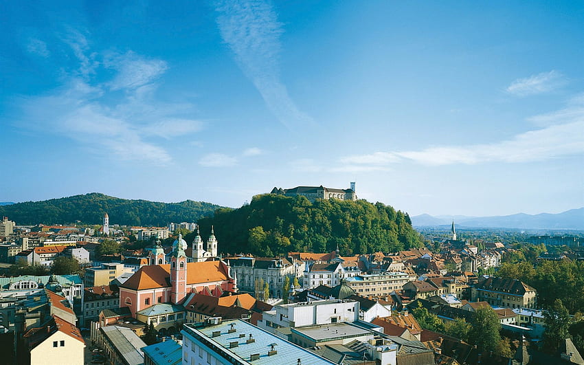 Eslovênia, Ljubljana, cidade, casas, castelo papel de parede HD