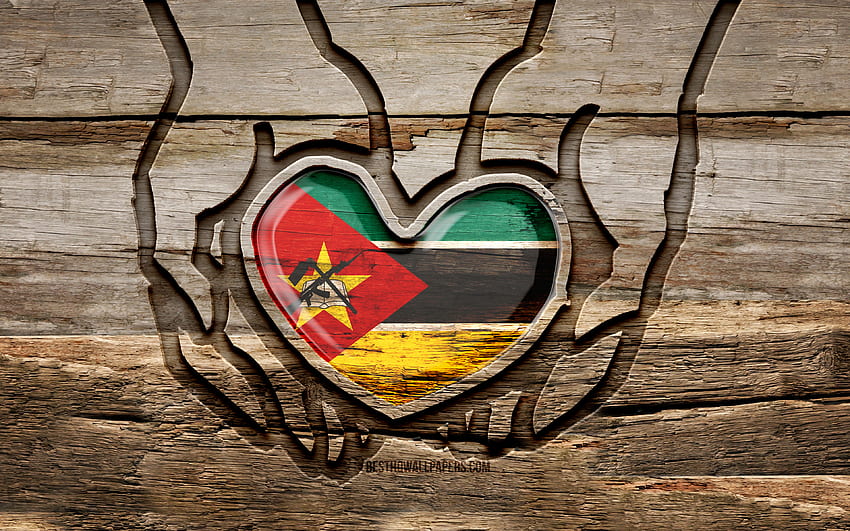 Kocham Mozambik, drewniane rzeźbione ręce, Dzień Mozambiku, Flaga Mozambiku, Flaga Mozambiku, Zadbaj o Mozambik, kreatywny, Flaga Mozambiku, Flaga Mozambiku w ręku, rzeźbienie w drewnie, kraje afrykańskie, Mozambik Tapeta HD