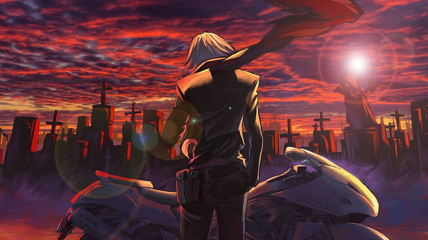 Anime boy, bike, sunset, graveyard, , , background, 4b0da2 HD wallpaper ...