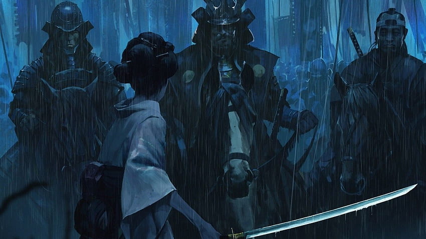 Japanische Frau, Regen, Katana, Kimono, Samurai-Armee, Laufen, dunkel für Laptop, Notebook HD-Hintergrundbild
