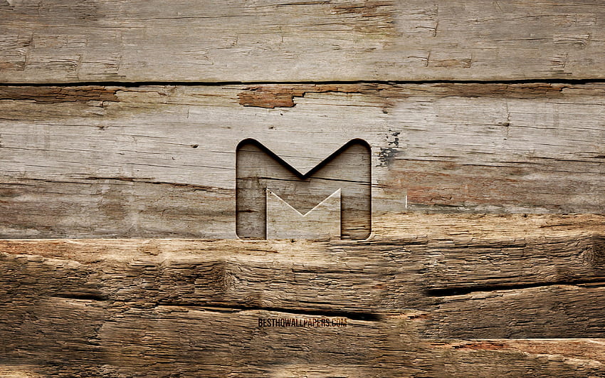 Gmail drewniane logo, drewniane tła, marki, logo Gmail, kreatywne, rzeźbienie w drewnie, Gmail Tapeta HD