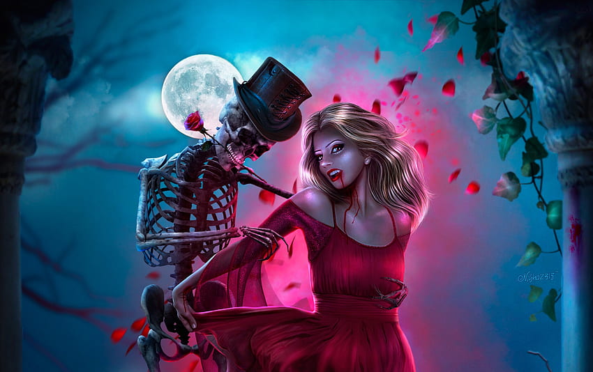 tango halloween, baile, tango, esqueleto, calavera, niña, halloween, rosa, fantasia, nisha2313, rojo, luna, luminos, amor y odio, azul, noche, luna, pareja, huesos, trandafir fondo de pantalla