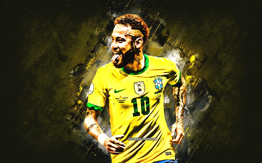 Neymar Jr, brasilianische Fußballnationalmannschaft, Porträt, gelber Steinhintergrund, Grunge-Kunst, Brasilien, Neymar, Fußball HD-Hintergrundbild