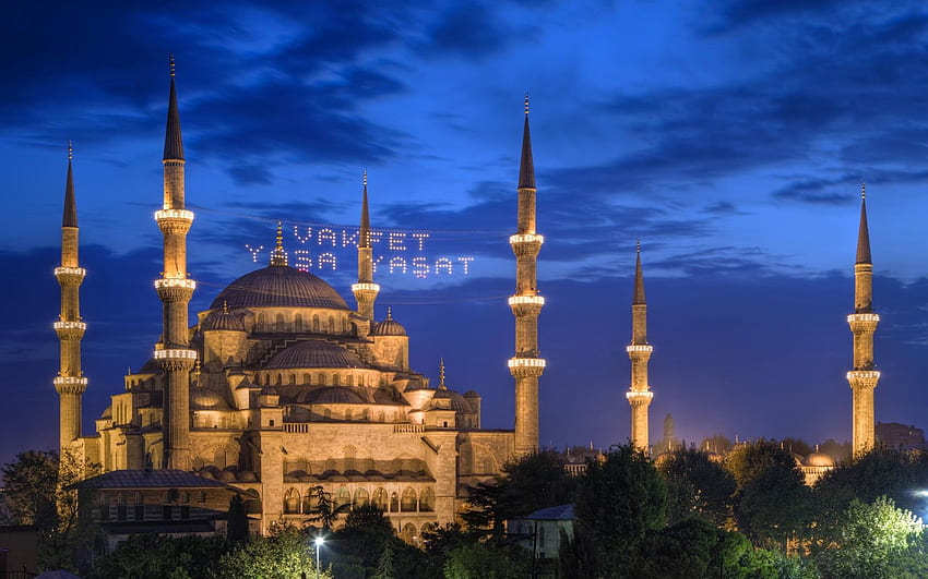 Hagia Sophia, Turkey, trees, night, lights, Istanbul, The Mosque HD wallpaper