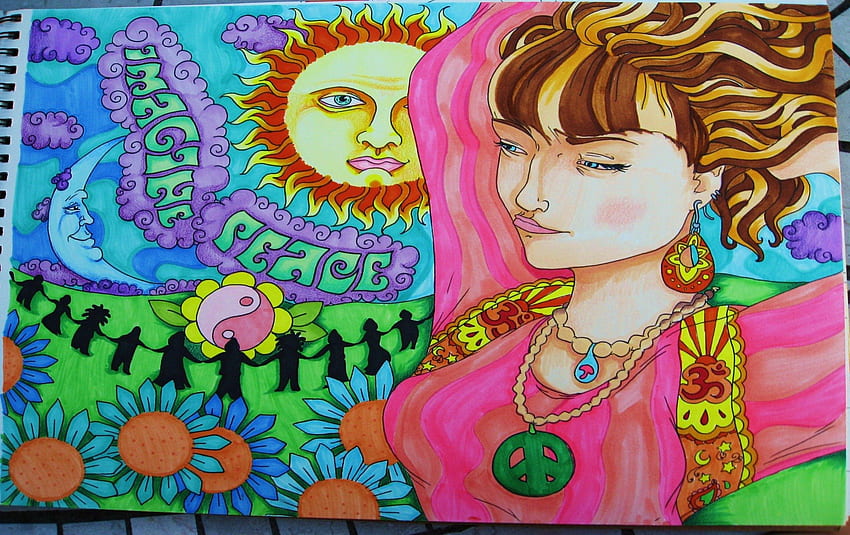 Psychedelische Frau, blau, psychedelisch, Farben, orange, rosa, abstrakt, grün, Gesicht, Frieden HD-Hintergrundbild