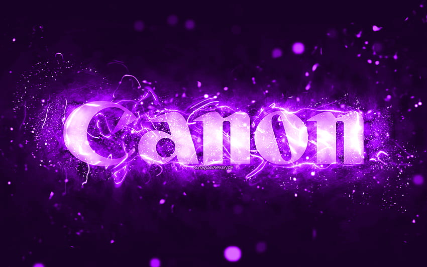 Canon violet logo, , violet neon lights, creative, violet abstract background, Canon logo, brands, Canon HD wallpaper