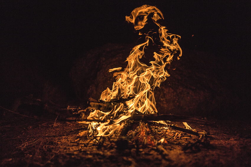 Ogień, ognisko, ciemność, płomień, drewno opałowe, popiół Tapeta HD