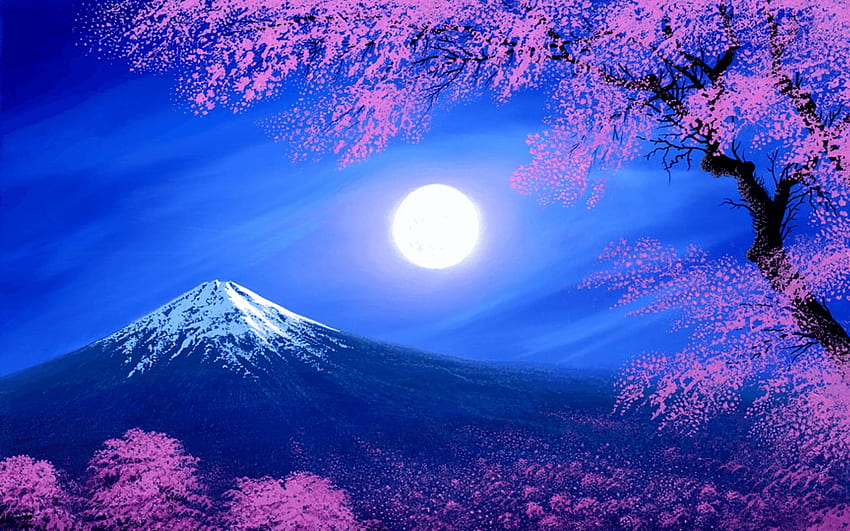 Художествен Черешов цвят Фантазия Луна Планина Фуджи Пролетно дърво - Резолюция: HD тапет