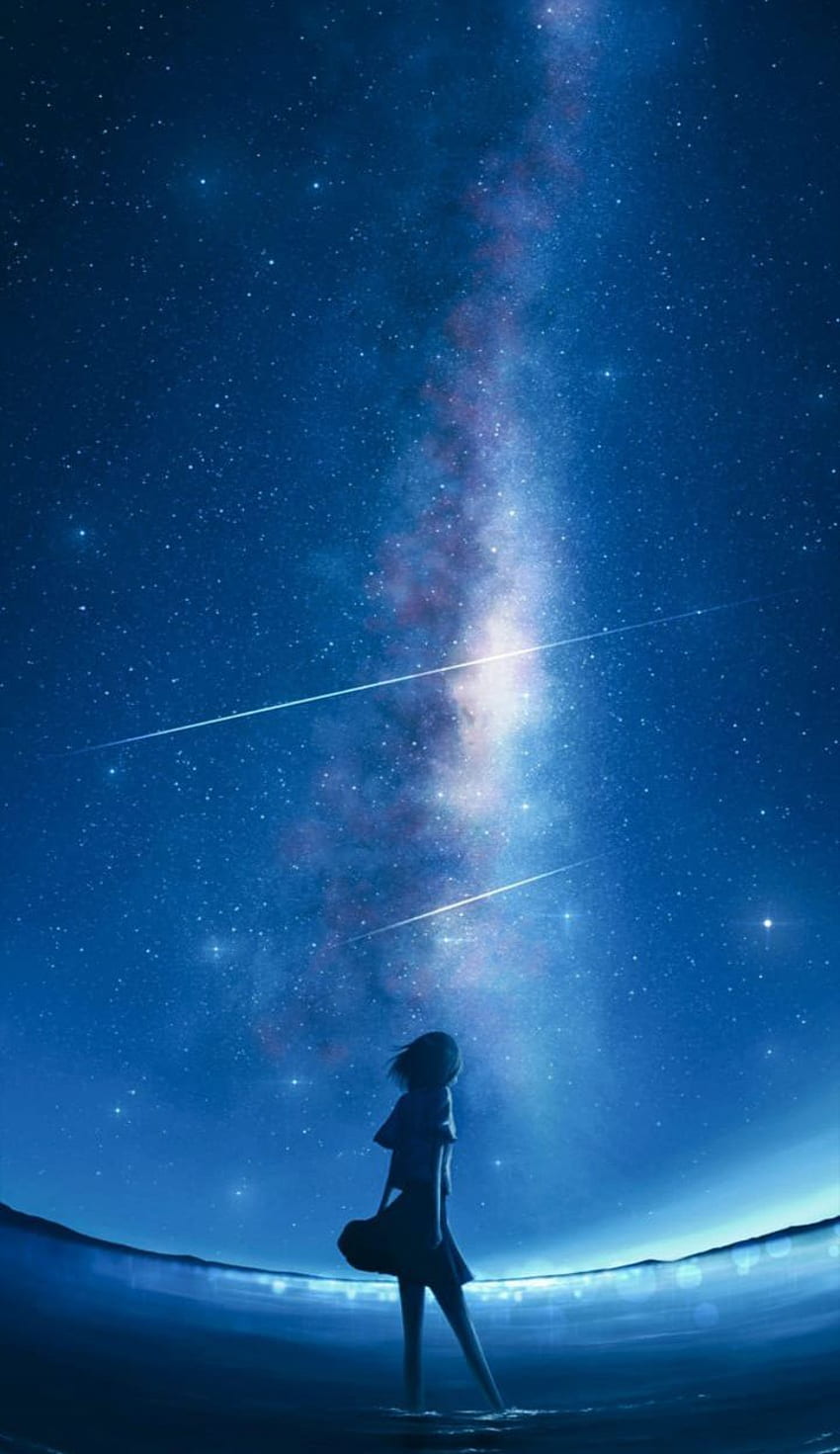 Stargazing Anime Girl Cat Night Scenery 4K Wallpaper iPhone HD Phone #1741n
