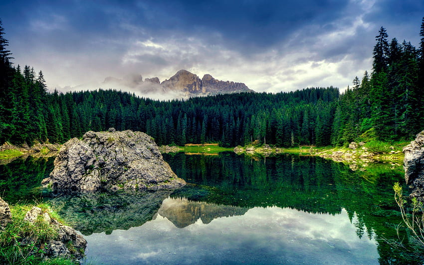 Natur, Gebirge, Felsen, See, Nadelholz, Wald, Stein, Wasseroberfläche, Mitte, Klumpen HD-Hintergrundbild