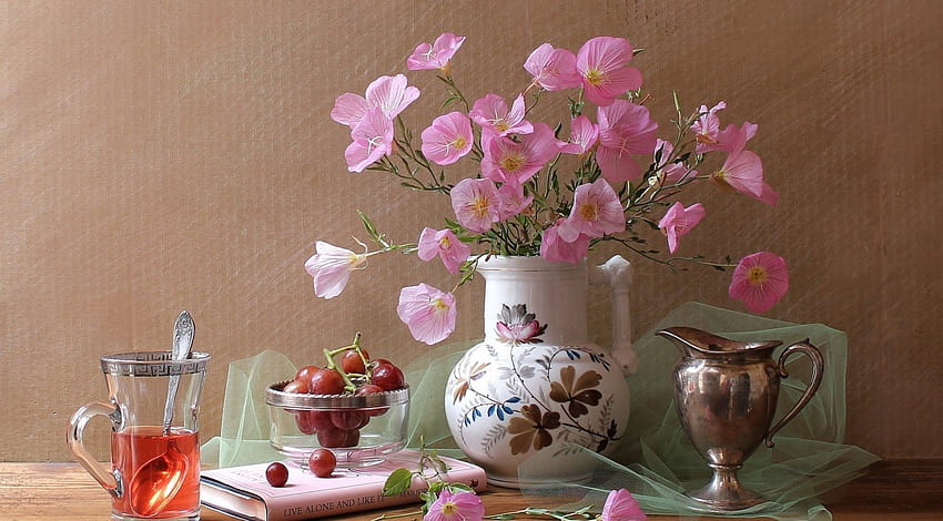 * Still life *, tender, still life, book, tea, grapes, flowers, pink flowers, cup HD wallpaper
