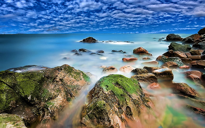 Wondering, blue, sea, clouds, sky, rocks, beauty, beach HD wallpaper