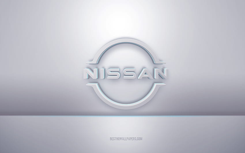 Nissan 3d бяло лого, сив фон, Nissan лого, творческо 3d изкуство, Nissan, 3d емблема HD тапет
