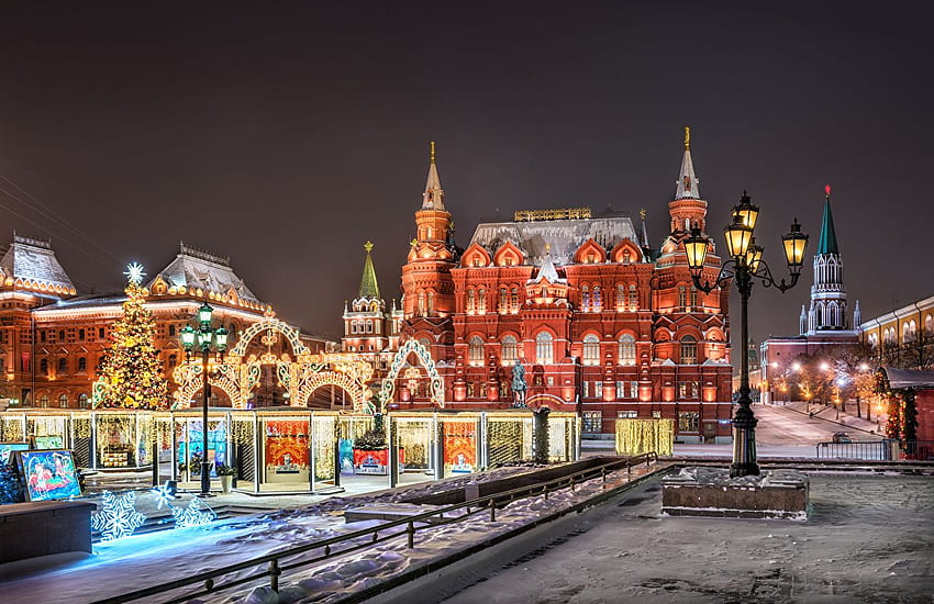モスクワ ロシア クリスマス タウン スクエア マネジナヤ広場の夜、ロシアのクリスマス 高画質の壁紙