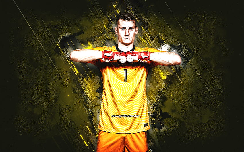 Dominik Livakovic, Croatia national football team, Croatian footballer, goalkeeper, yellow stone background, Croatia, football, grunge art HD wallpaper