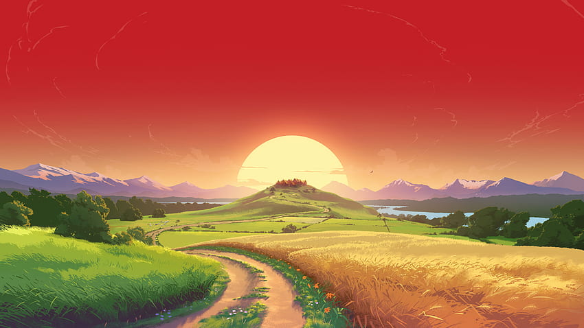 Fantasy, dream, Landscape, pathway, hill and sun, sunset, art , , Full , TV, F, , Imaginary Landscape HD wallpaper