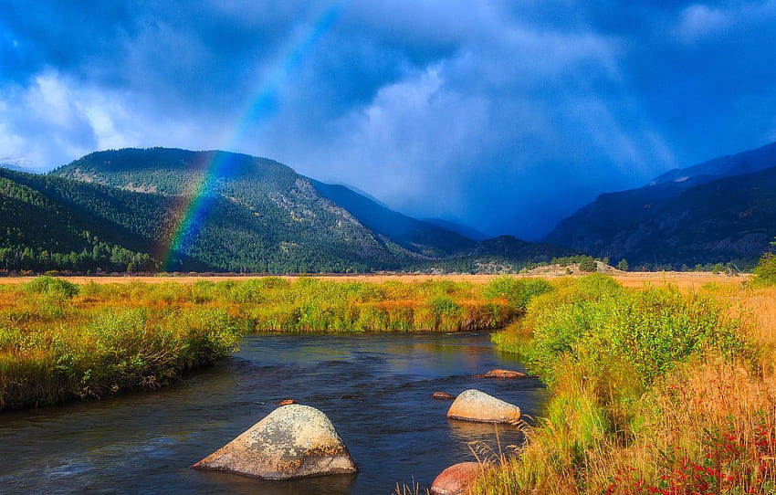 mountains, stream, rainbow, Colorado, river, Colorado, Colorado Rocky Mountains HD wallpaper