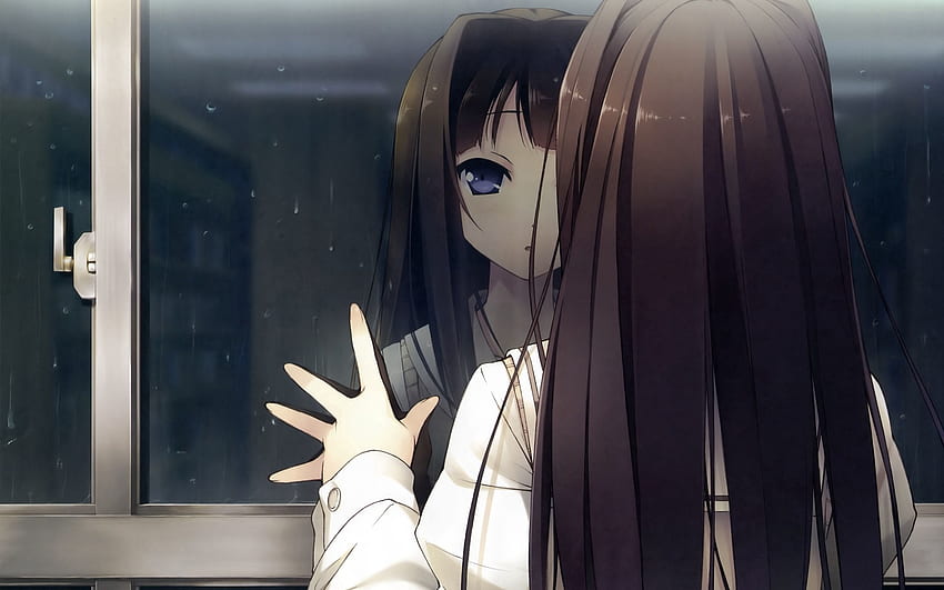 Anime, deszcz, krople, odbicie, widok, opinia, dziewczyna, okno Tapeta HD