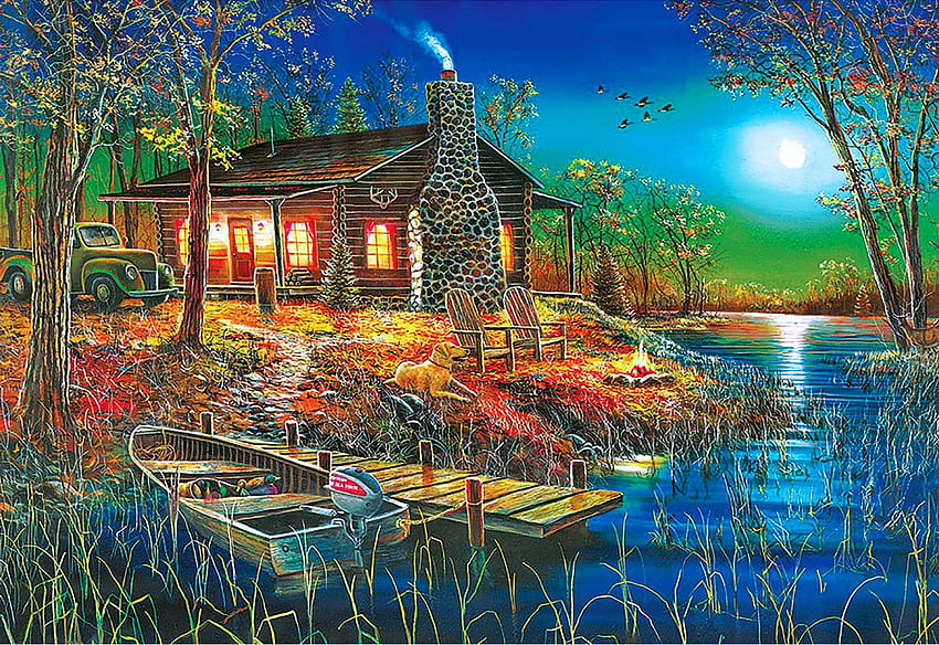After Dark, river, boat, pier, cabin, sunrise, artwork, painting, trees, sun HD wallpaper