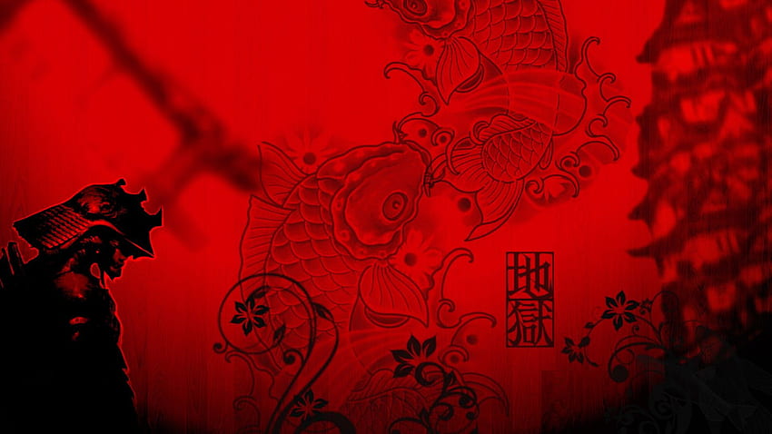 ScreenHeaven: งานศิลปะ ปลา ดอกไม้ พื้นหลังสีแดง ซามูไร วอลล์เปเปอร์ HD