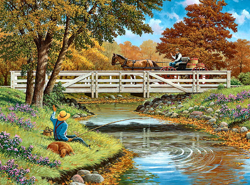 Howdy Neighbor F, sungai, kuda, arsitektur, seni, anjing, lanskap, cantik, ilustrasi, karya seni, pemandangan, layar lebar, lukisan, hewan peliharaan, kuda, jembatan, anjing Wallpaper HD